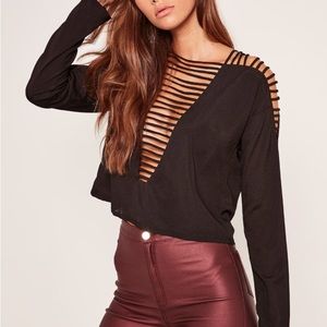 plunge ladder chiffon crop top black